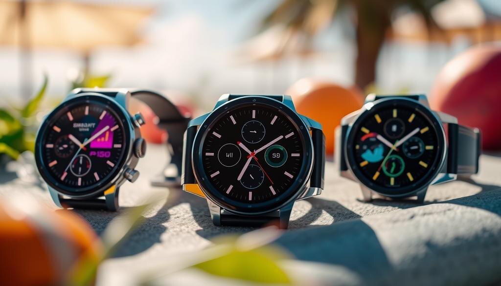    Дисплей умных часов на фоне яркого солнечного дня.