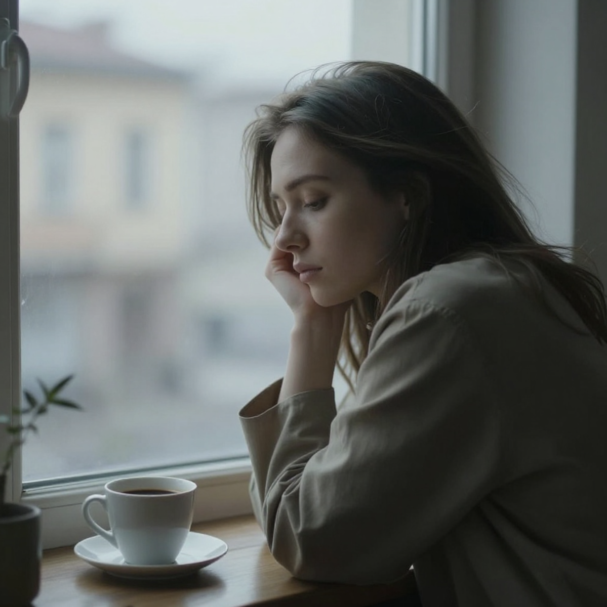 Девушка с кофе у окна. РС