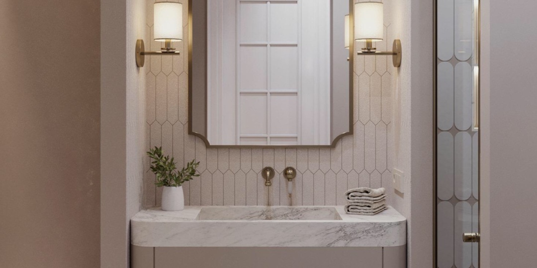 Французская элегантность в деталях: ванная при мастер-спальне в квартире 95 м² в Prime Park