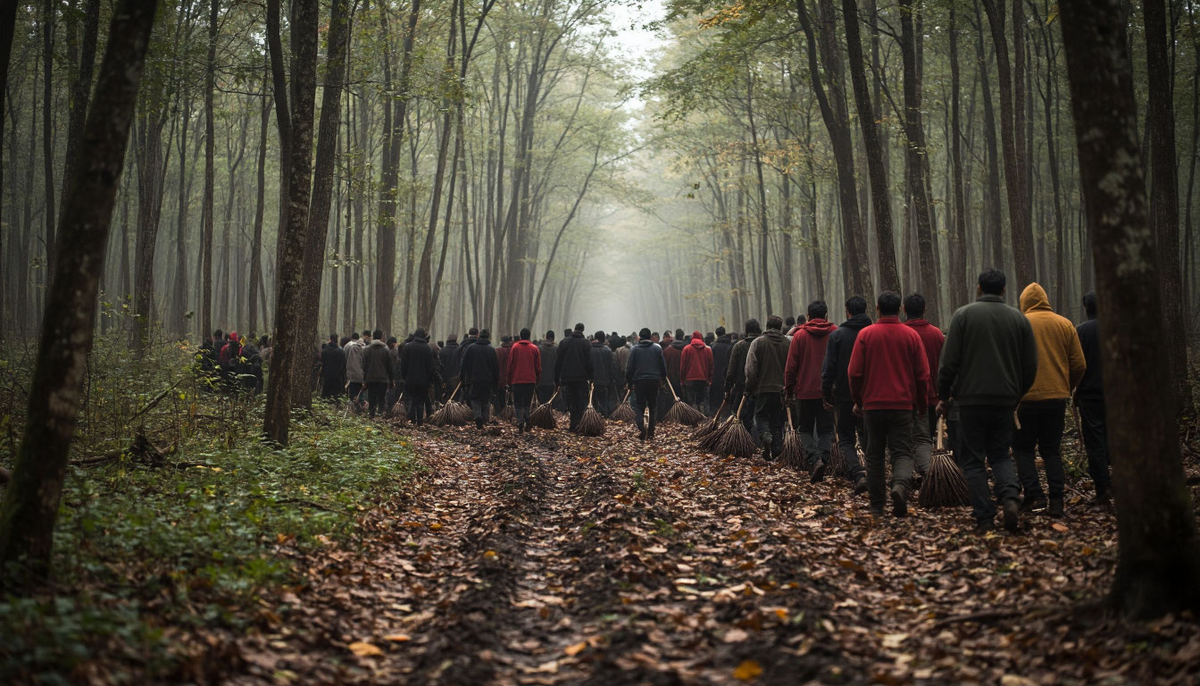 картина - 100 работников в лесу