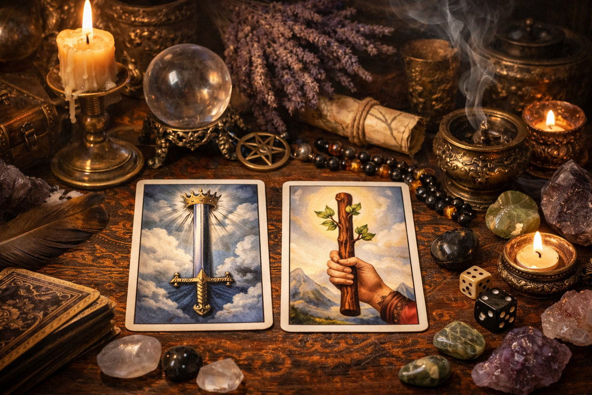 Туз Жезлов и Туз Мечей на столе для гадания — сочетание импульса и ясности, которое указывает на момент принятия решения и начала действий.