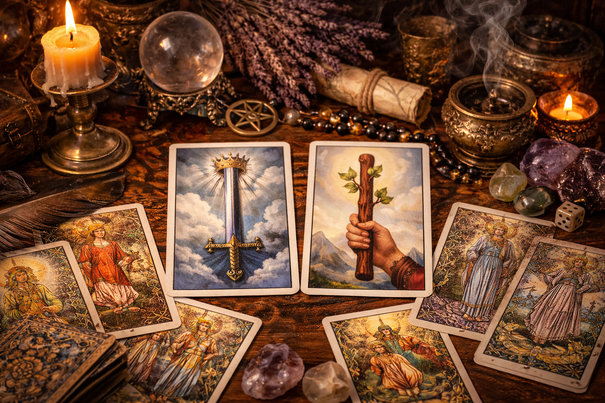 Атмосферная раскладка показывает, как Туз Мечей и Туз Жезлов значение раскрывается через честность, фокус и готовность сделать первый шаг.