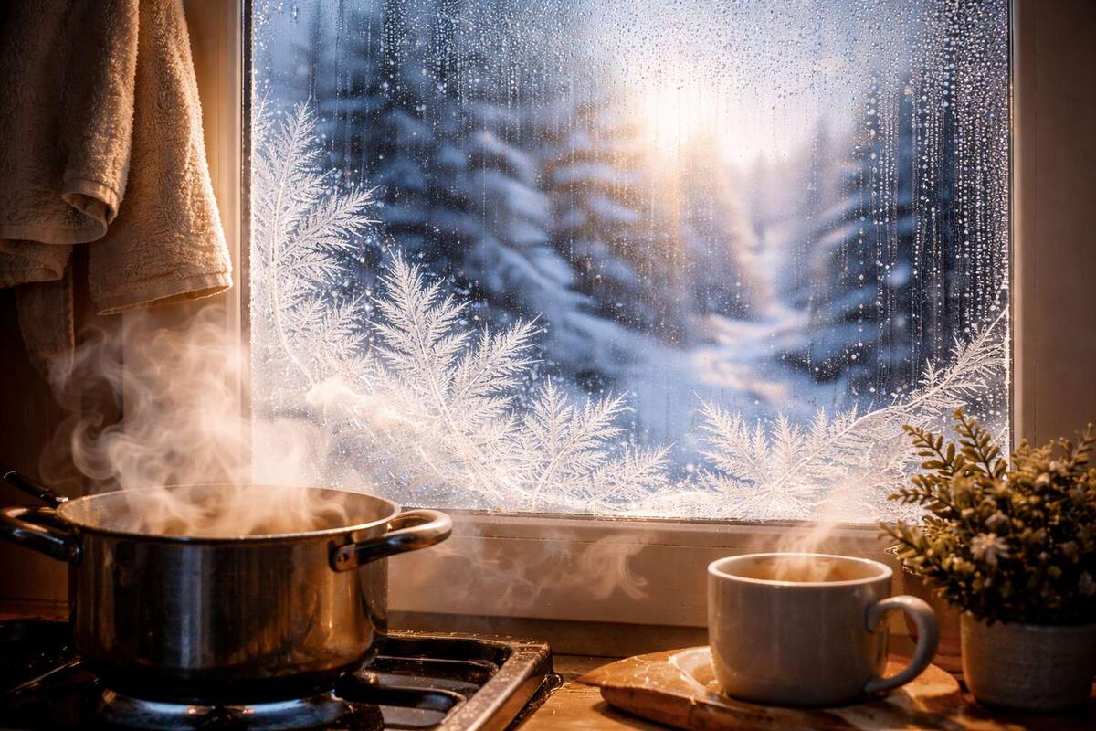    Главный источник узоров на окнах — водяной пар из воздуха в комнате (дыхание, готовка, сушка белья), который попадает на холодное стекло и там превращается в лёд.