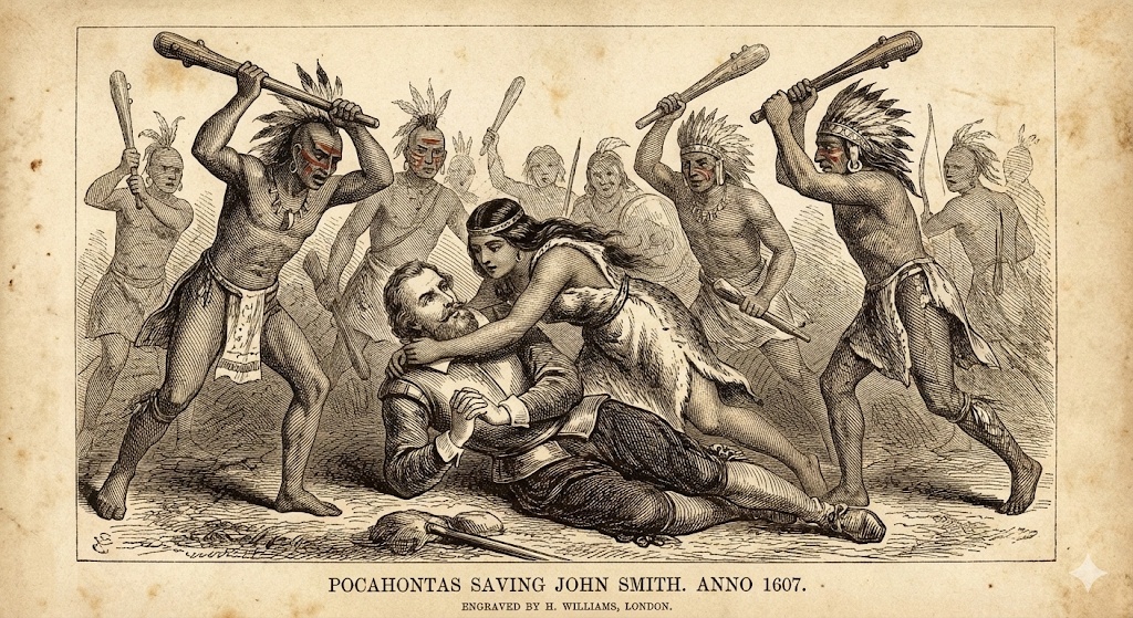 Знаменитая сцена спасения. Историки полагают, что Смит неправильно истолковал сложный индейский ритуал инициации