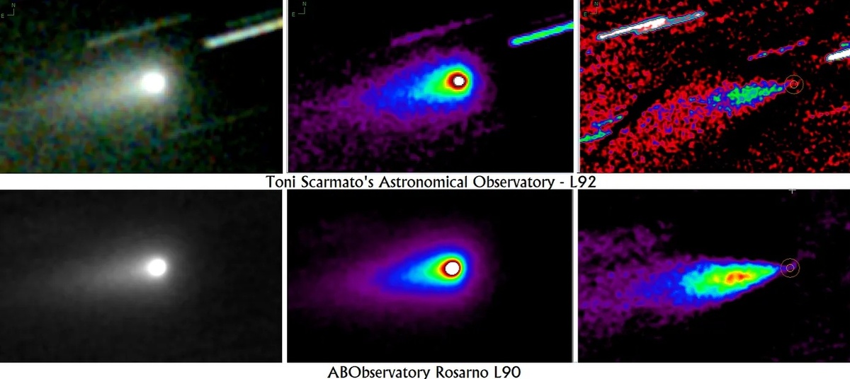 Изображения 3I/ATLAS от 13 января 2026 года в трёх форматах: карта яркости в оттенках серого (слева), ложные цвета (средний ряд) и обработка с помощью вращательного градиентного фильтра Ларсона-Секанины, который устраняет симметричное по кругу свечение (справа). На отфильтрованных изображениях справа в левом нижнем углу видна заметная антихвостовая струя, направленная в сторону Солнца. Когда 3I/ATLAS приблизится к противостоянию относительно Солнца, а Земля окажется посередине, 22 января 2026 года, противосолнечная струя исчезнет из поля зрения, а противохвостовая струя будет направлена на нас. (Изображение предоставлено Т. Скармато и А. Брозио)
