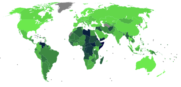Карта индекса легкости ведения бизнеса за 2020 год: чем темнее зеленый цвет, тем сложнее вести бизнес в указанной стране