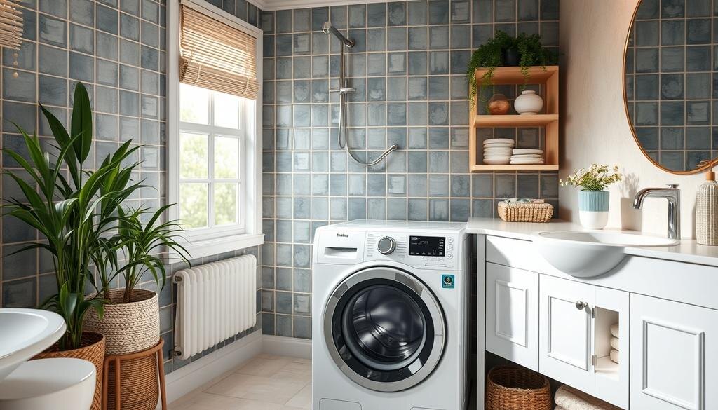    Иллюстрация идеальной стиральной машины в уютной ванной комнате.