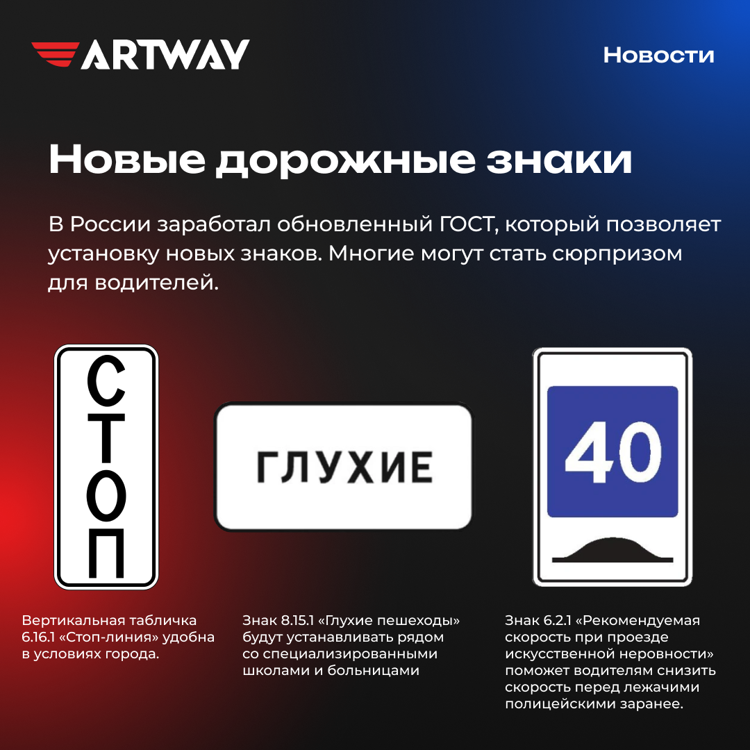 Вертикальная табличка 6.16.1 «Стоп-линия» . Знак 6.2.1 «Рекомендуемая скорость при проезде искусственной неровности». Знак 8.15.1 «Глухие пешеходы».