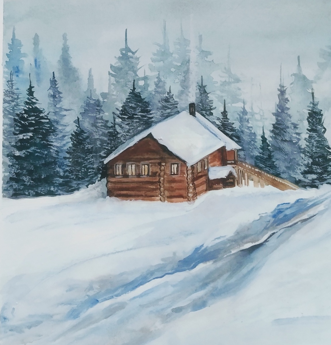 Домик на опушке леса, акварель