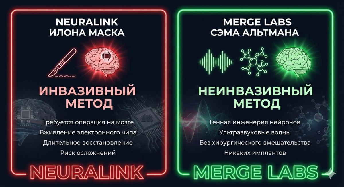 Инфографика-сравнение двух подходов к интерфейсам мозг-компьютер. 