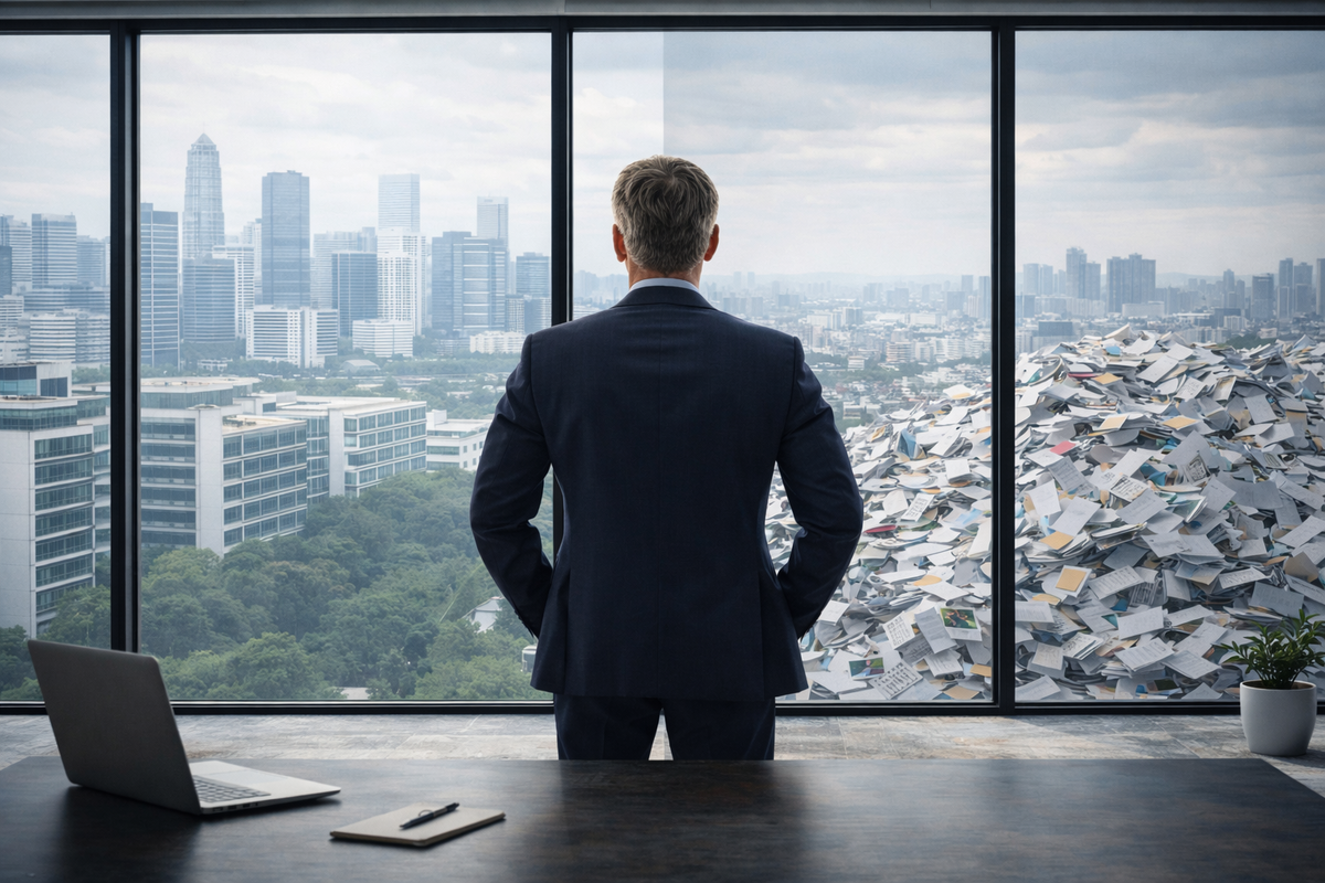 Собственник смотрит на бизнес с позиции управления, а не действий. Контраст порядка и хаоса отражает разные этапы роста и последствия решений, принятых без стратегии.