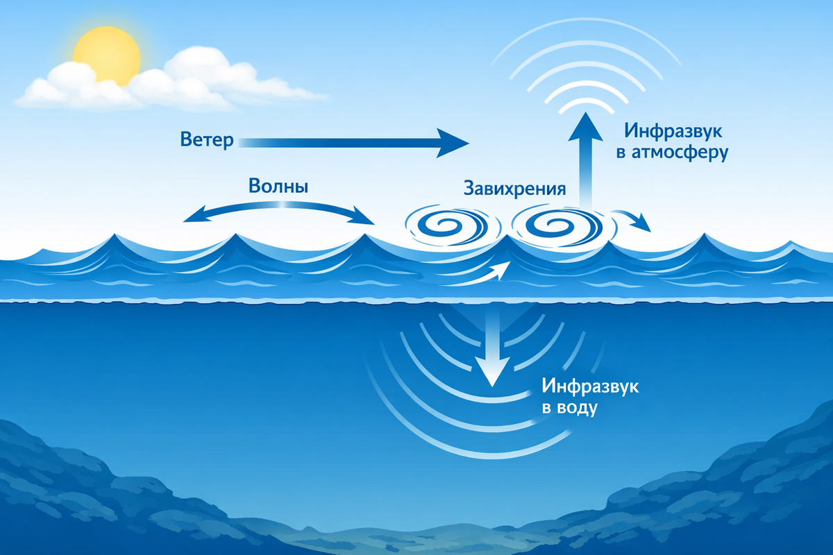 Простая схема, показывающая движение волн, генерацию завихрений ветром и излучение инфразвуковой волны в атмосферу и в толщу воды. Стрелками показано направление