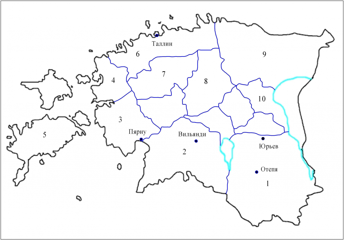 Районы (мааконды) Эстонии:
 1 — уганди; 2 — саккала; 3 — сонтагана; 4 — ридала; 5 — сарема; 6 — ревала; 7 — харью; 8 — ярве; 9 — виру; 10 — вайга
