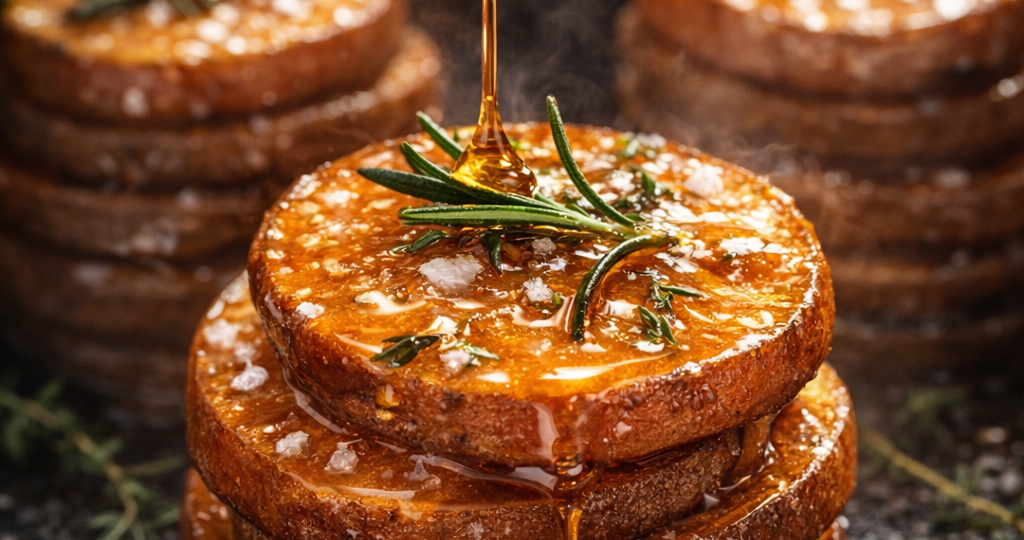 Рецепт - Запеченные ломтики сладкого картофеля с медово-травяной заправкой