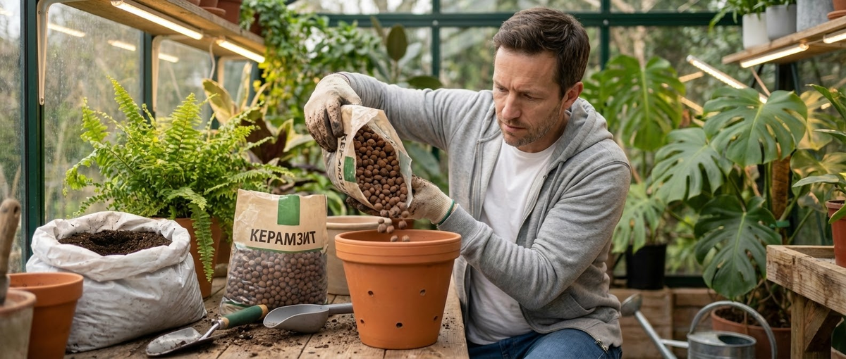 Керамзит в горшке: слой дренажа на дне и гранулы на поверхности грунта рядом с комнатным растением