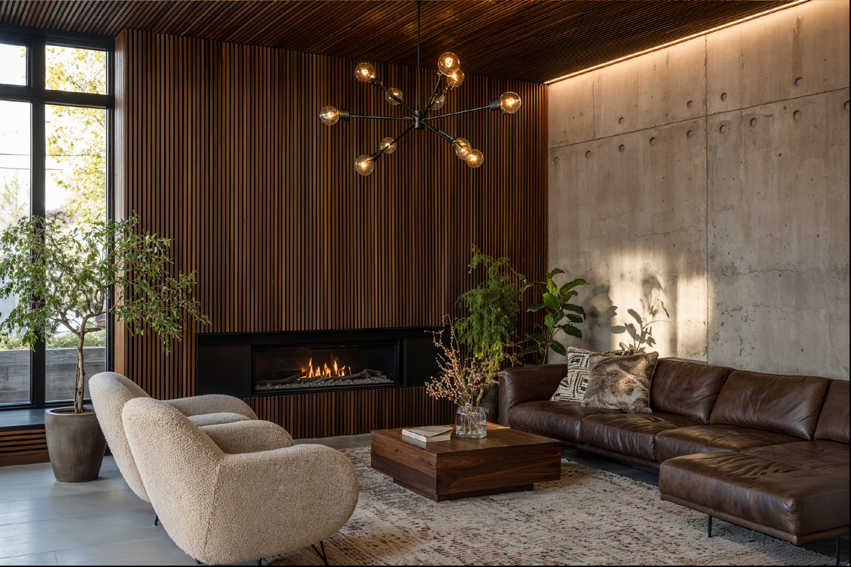 Реечная стена в гостиной: тёмный орех, линейный камин, бетонная стена, рейки на потолке.
