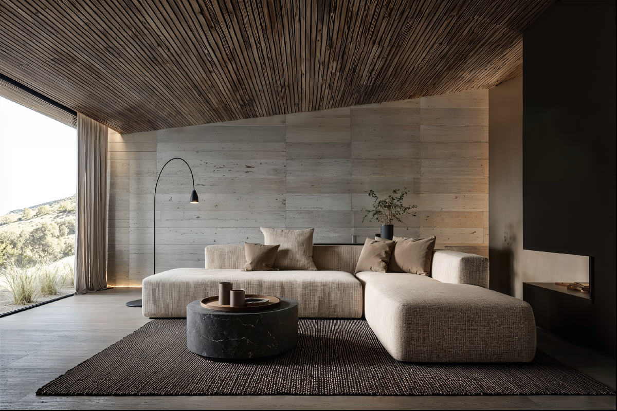 Рейки на потолке: современная гостиная с деревянными ламелями, травертиновой стеной и бежевым диваном.