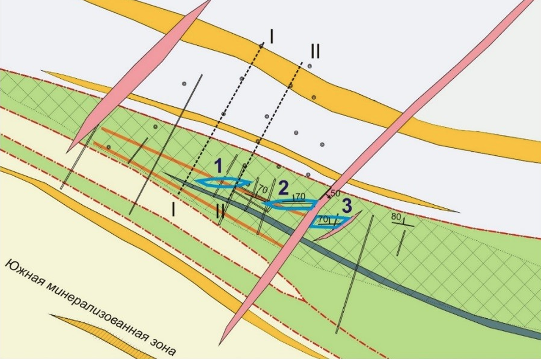 Схематическая геологическая карта района месторождения Оленинского, синим выделены элементы залегания полезных ископаемых. Авторы: А. Калинин, Е. Савченко, В. Прокофьев. Источник: книга «Минералогия и особенности генезиса месторождения золота Оленинского»