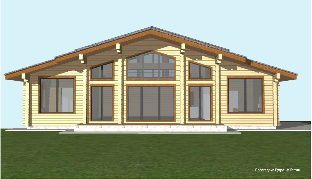 Галлерея фото. Главный фасад дома. Окна в пол на юго-восток. Дом развёрнут так, чтобы в полдень было только боковое солнце не перегревая дом. Летом большой козырёк спасает от зноя, а зимой, когда солнце низко, наоборот не мешает радуя зимой солнечным теплом. Проект дома сделал Рудольф Кавчик.