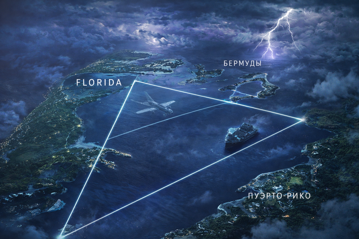 Карта Бермудского треугольника с отмеченными зонами исчезновений