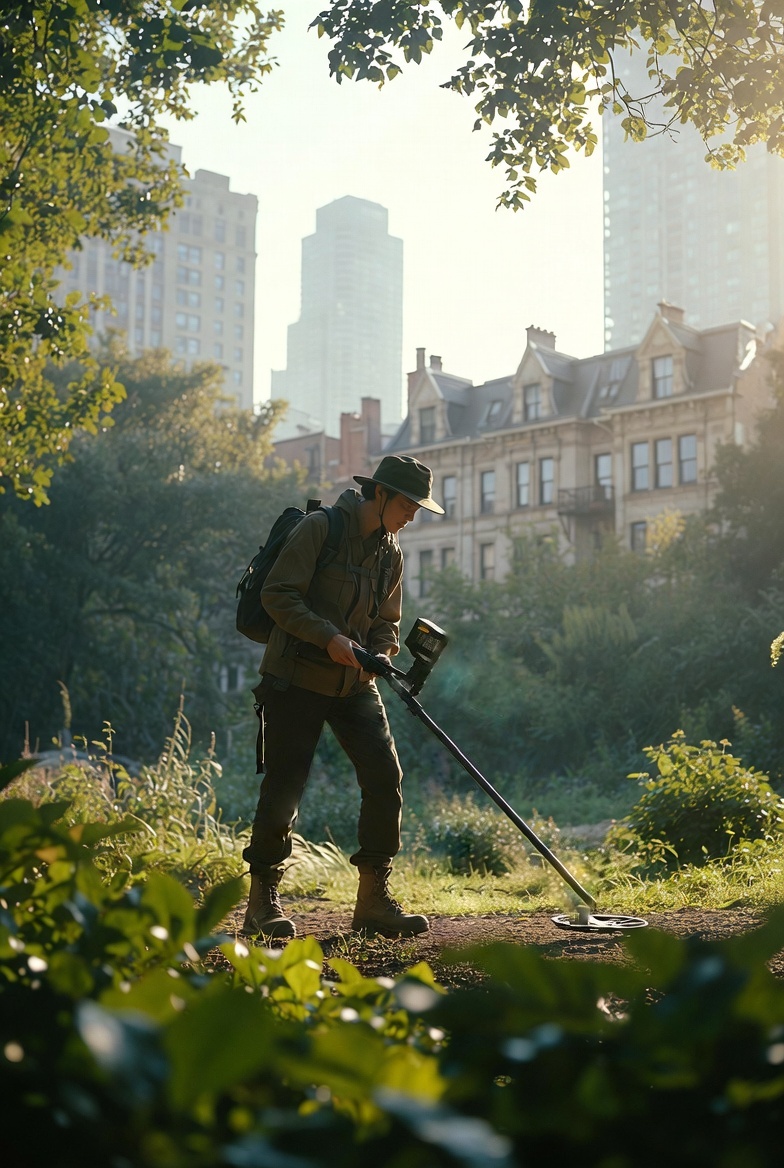 Кладоискатель с металлоискателем в старом городском парке