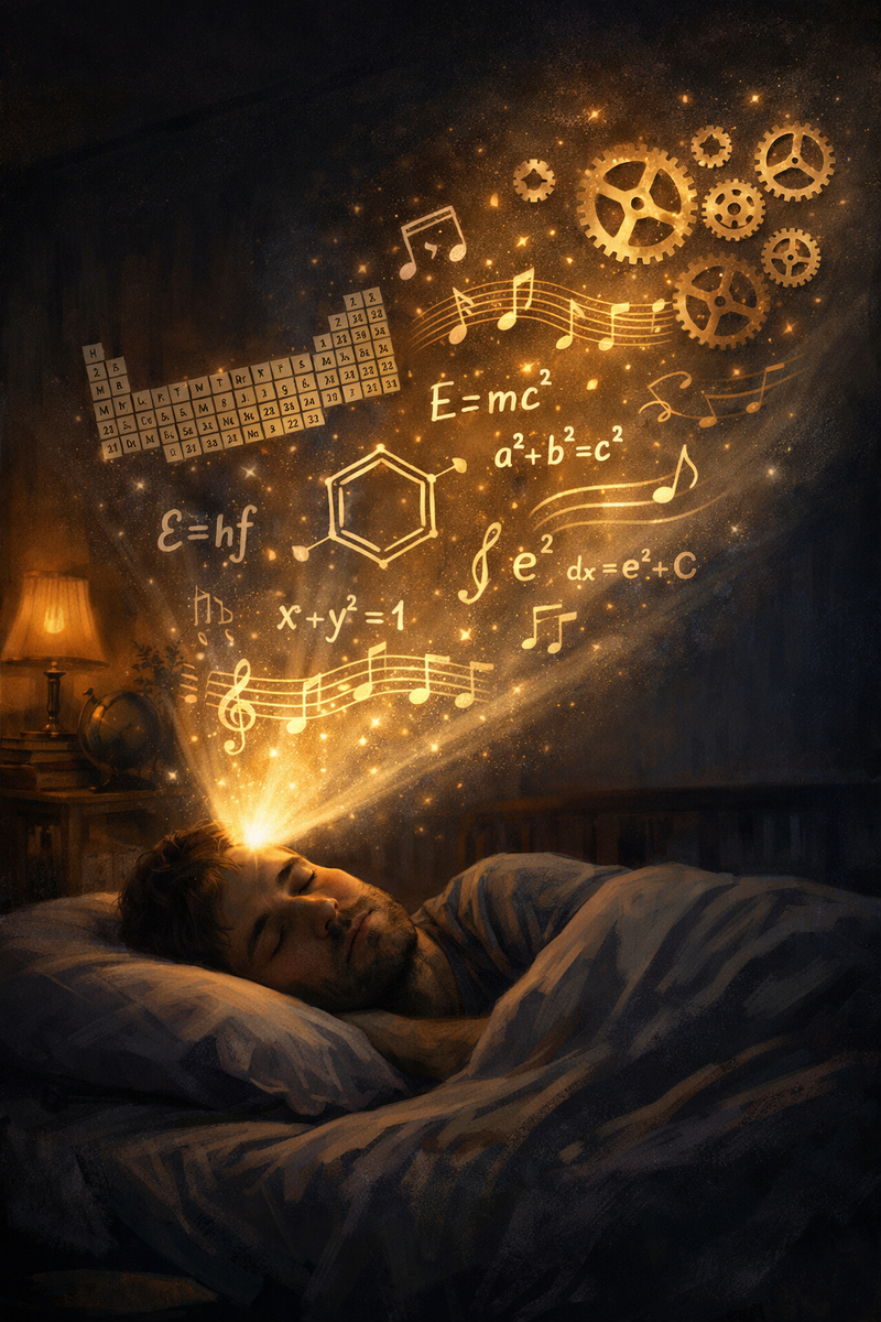 Спящий человек и образы его мыслей. Иллюстрация в стиле магического реализма