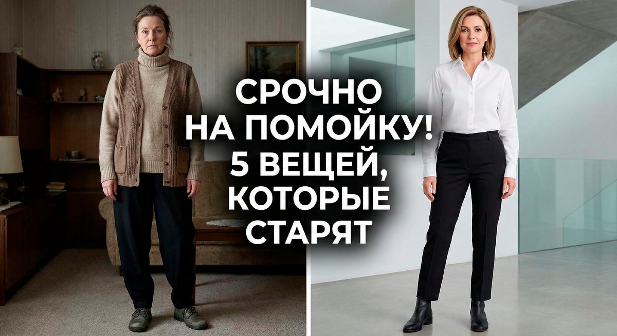 Две версии одной женщины. Слева — типичные ошибки возрастного гардероба, справа — современный элегантный образ. Разница очевидна — минус 10 лет просто за счёт правильного выбора одежды!