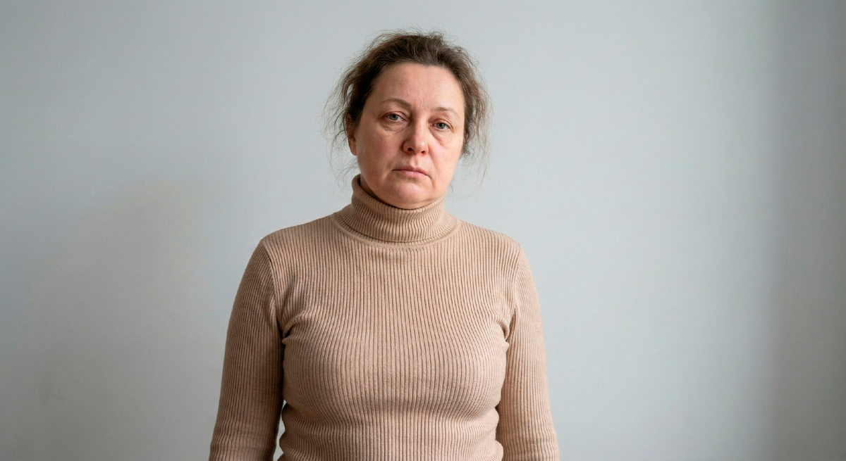 Классическая ошибка: бежевая водолазка под горло сливается с кожей, делает лицо серым и уставшим. Обтягивающий крой подчёркивает все недостатки фигуры. Это не элегантность — это визуальное старение.