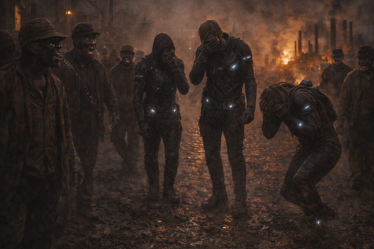 Мужчины шли молча. Их лица были черными от угольной пыли. Видны были только глаза и зубы. Они смотрели на троих пришельцев. 