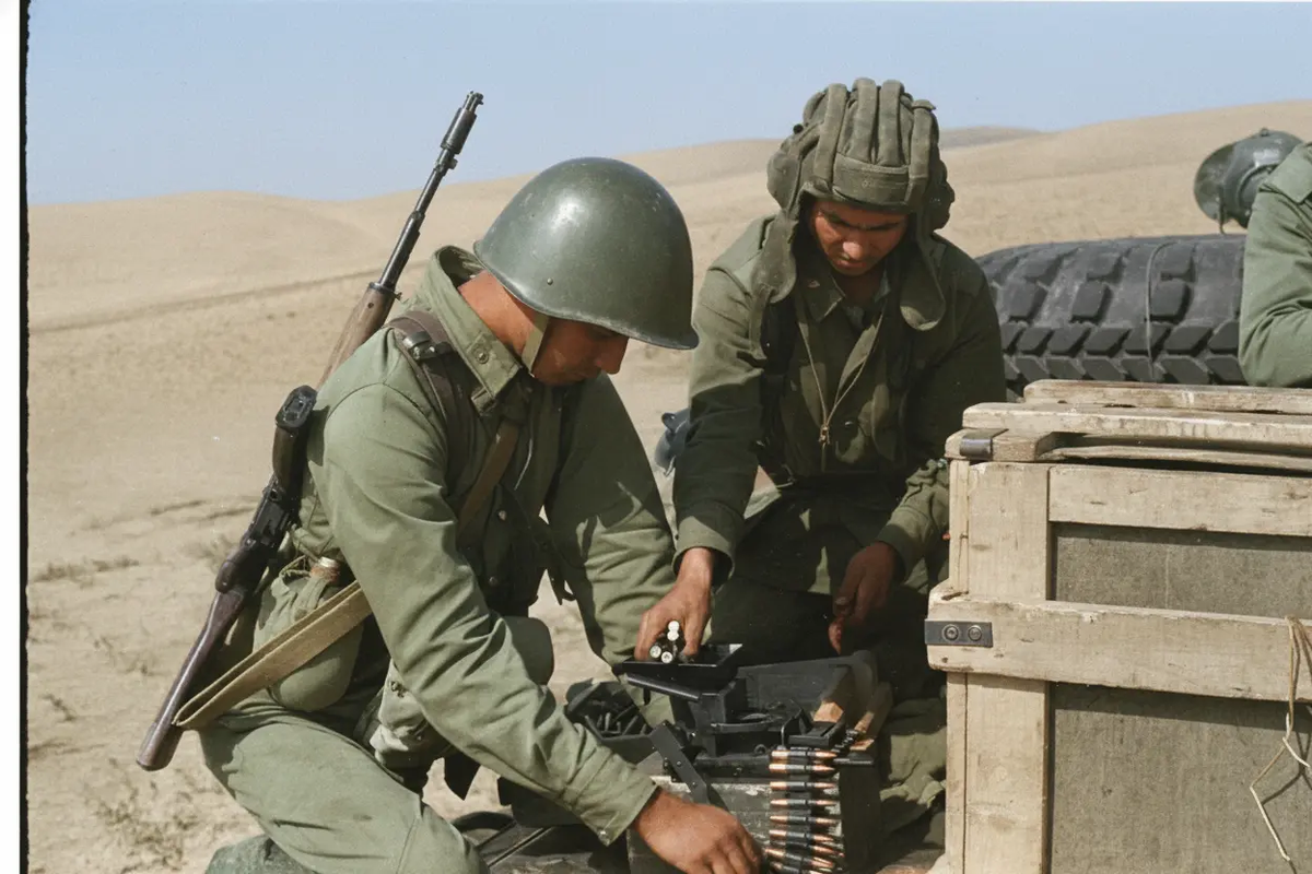 Фотка черно белая 1985г  в ИИ  получила цвета... парни патроны пропускают через мясорубку)) желтого цвета мало на ХБ
