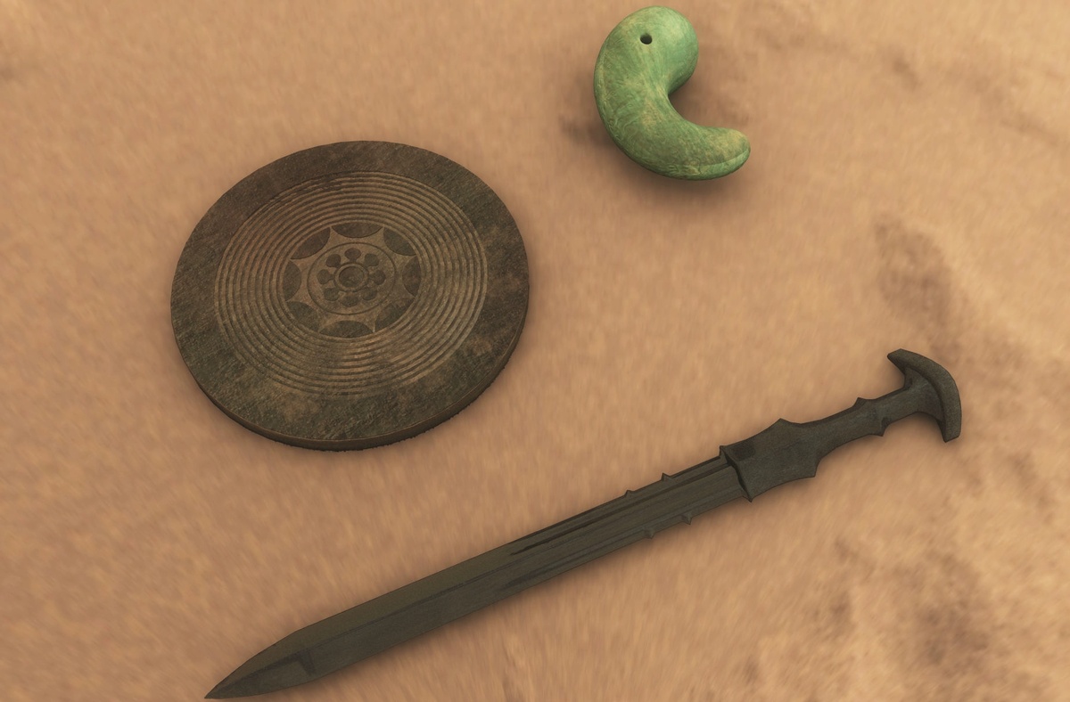 Эти три невзрачные вещи (разумеется, реплики, да еще и в вольном исполнении) и составляют главное сокровище Японии