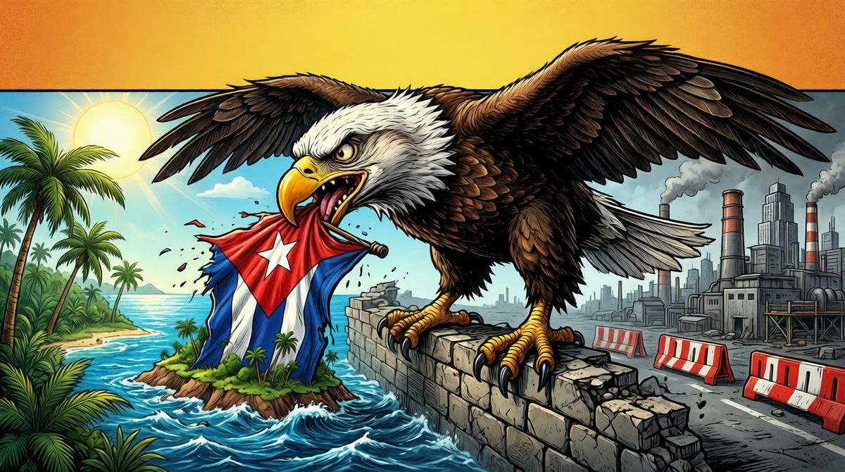 Америка уже готова "съесть" Кубу. Карикатура, сгенерировано ИИ