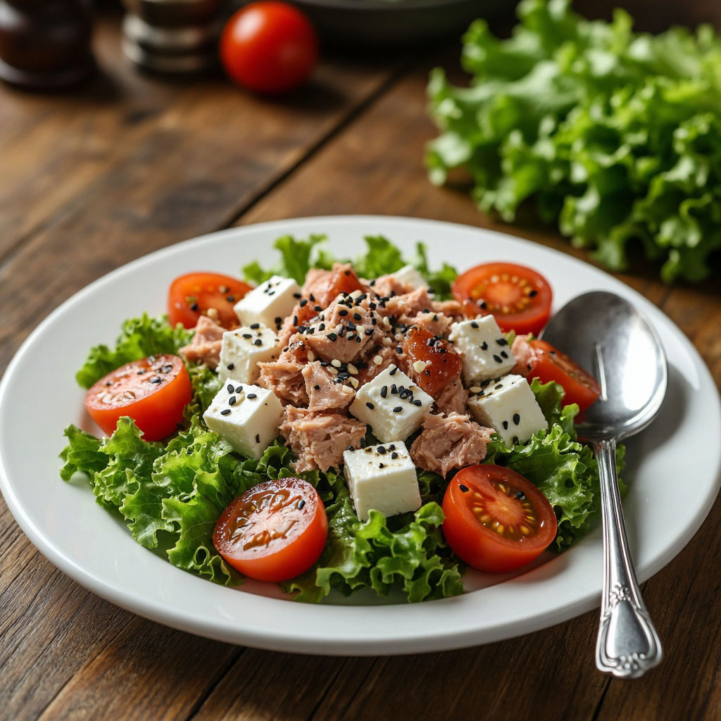 Салат с тунцом, фетой и помидорами черри — лёгкий и праздничный за 10 минут! 🥗✨