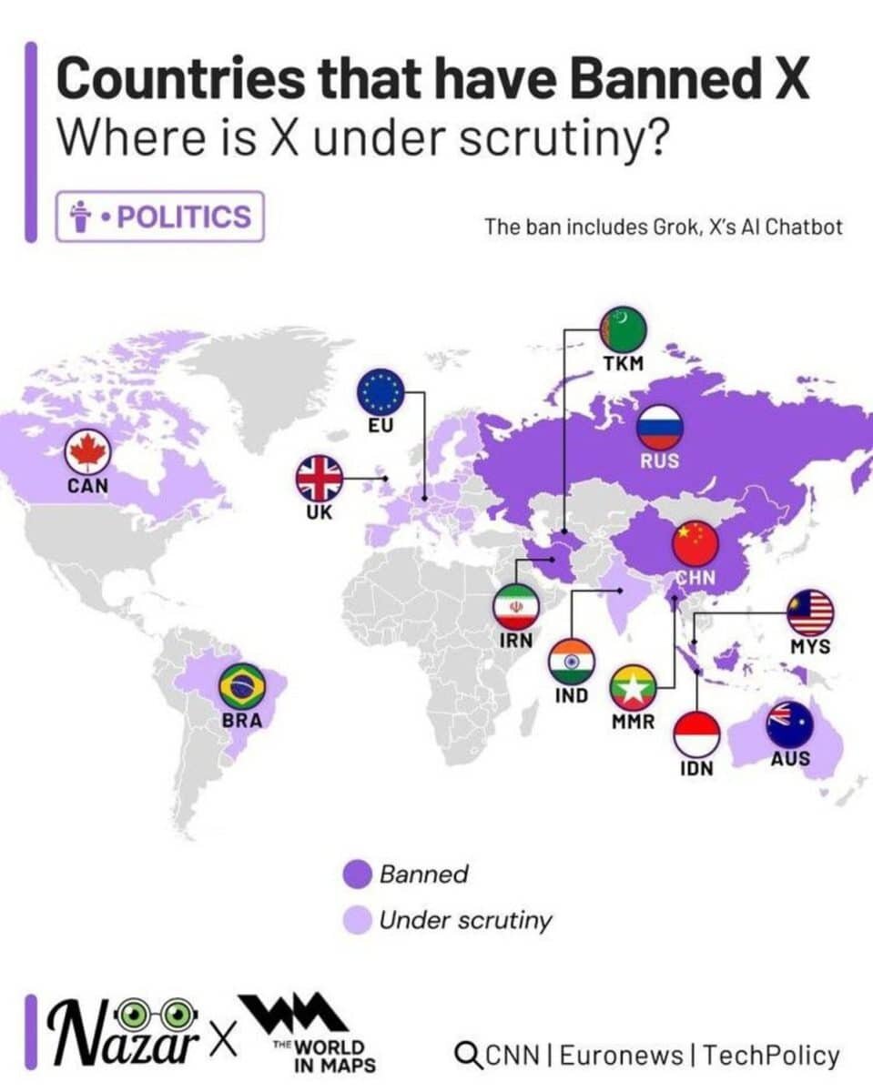    Карта регулирования соцсети X: полные запреты, точечные блокировки и поиск нового статуса для платформы Маска / © World Visualized