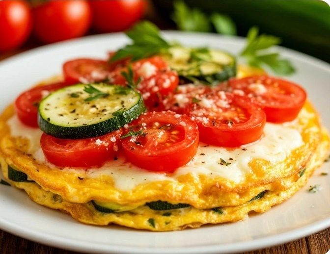 Пышный омлет с кабачком, помидорами и сулугуни