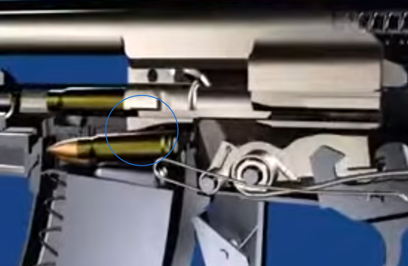 Затвор своим выступом-подавателем продавливает верхний патрон в магазине при своём движении затворной рамы в КЗП. При этом патрон делает волнообразное движение.  Если перед этим патрон был заклинен мусором или грязью, то после такого движения патрон будет расклинен и не никаких препятствий для его подачи на линию досылания не будет. 