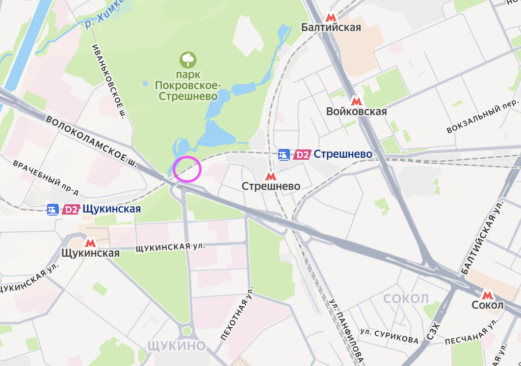 Место, где находилась станция Покровское-Стрешнево на карте современной Москвы. Яндекс.Карты.