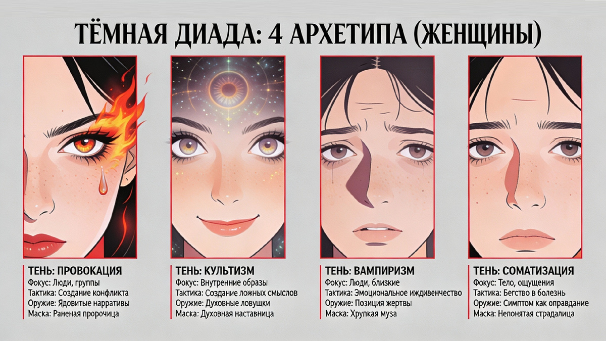 Теория обрела симметрию. К классической «Тёмной триаде» (патологии прагматиков) добавилась «Тёмная диада» (патологии эмпатов). Теперь у нас есть полная карта из 8 архетипических искажений личности.