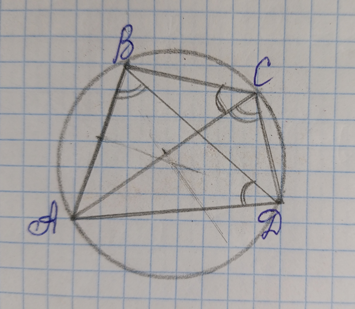 Эта теорема подходит для решения нашей задачи. Проведем окружность через эти четыре точки.