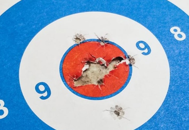 Мишень после стрельбы из пистолета Dan Wesson DWX на дистанции 10 ярдов (9 м).