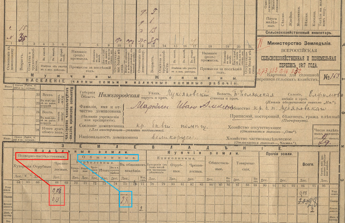 Скромный надел прадеда. Фрагмент подворной карточки, село Елфимово, Лукояновский уезд (ЦАНО ф.Р-124 оп.4 д.112 л.624).