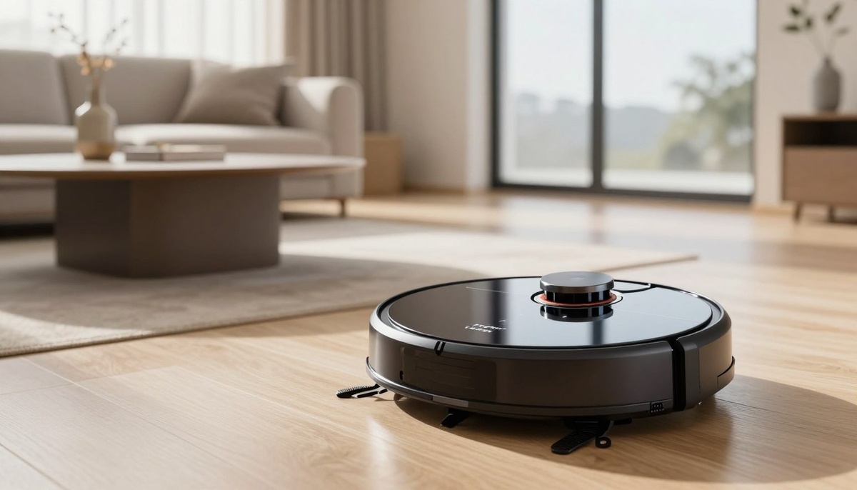 Элегантный робот-пылесос Polaris, модель PVCRDC G2 6002, занимает видное место в современной гостиной. На переднем плане - пылесос с компактным дизайном, плавными изгибами и глянцевым покрытием, оснащенный цифровым интерфейсом. Центральное место занимают стильный диван и журнальный столик с минималистичным декором. Большое окно на заднем плане позволяет естественному свету проникать внутрь, создавая теплую, располагающую атмосферу. Яркое, но мягкое освещение подчеркивает футуристический дизайн пылесоса. Сделайте снимок под небольшим углом, чтобы эффектно показать как пылесос, так и его окружение, создавая ощущение инноваций и чистоты. Атмосфера современная и утонченная, отражающая стиль жизни в стиле хай-тек.