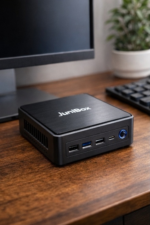 Мини ПК JuniBox X3 Pro на рабочем столе рядом с монитором