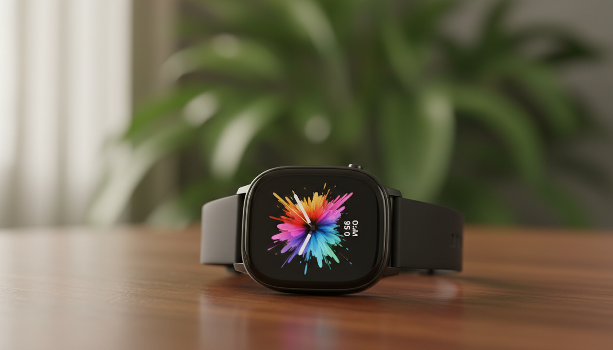 На переднем плане - изящные часы Xiaomi Redmi Watch 5 Lite, демонстрирующие яркий AMOLED-экран с насыщенными цветами. Часы расположены под небольшим углом на гладкой деревянной поверхности, что подчеркивает их элегантный черный корпус и минималистичный дизайн. На заднем плане зелень с мягким фокусом создает ощущение спокойствия, в то время как рассеянный свет мягко освещает пространство, создавая теплую, располагающую атмосферу. Изображение передает высокотехнологичный стиль умных часов и в то же время отражает стиль жизни современных пользователей. Используйте 35-миллиметровую линзу для создания эффекта боке и следите за тем, чтобы освещение улучшало характеристики часов без резких теней. Общее настроение должно быть профессиональным, но в то же время доступным, подчеркивающим функциональность и стиль умных часов без отвлекающих факторов.
