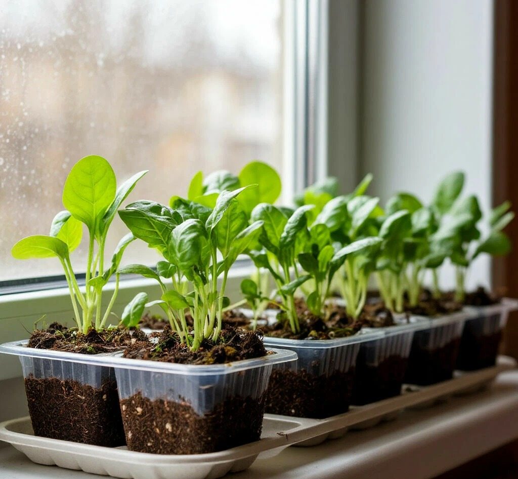Домашняя рассада в стаканчиках из-под сметаны на подоконнике