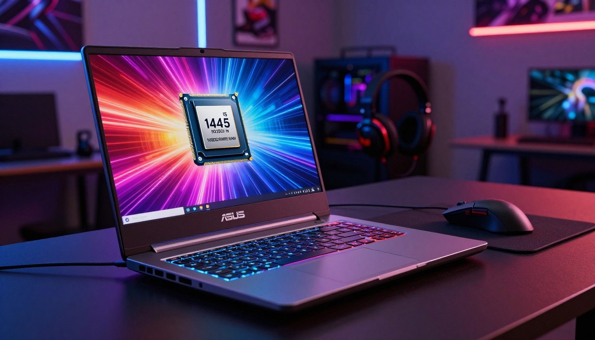 Элегантный игровой ноутбук ASUS с ярким дисплеем с частотой 144 Гц, созданный для погружения в игровую среду. На переднем плане представлен ноутбук с подсветкой клавиатуры и оригинальным дизайном, оснащенный мощным процессором i5-10200H, 16 ГБ оперативной памяти и видеокартой GTX 1650. Средний уровень включает в себя динамичную игровую периферию, такую как игровая мышь и гарнитура, что позволяет проводить активную игровую сессию. На заднем плане тускло освещенная комната со светодиодными лентами и плакатами создает современную, энергичную атмосферу, подчеркивающую стремительный игровой процесс. Используйте мягкое, эффектное освещение, чтобы подчеркнуть особенности ноутбука, снятые под небольшим углом, чтобы подчеркнуть глубину и увлекательность. Общее настроение должно быть ярким и технологичным, что понравится как геймерам, так и любителям высоких технологий.