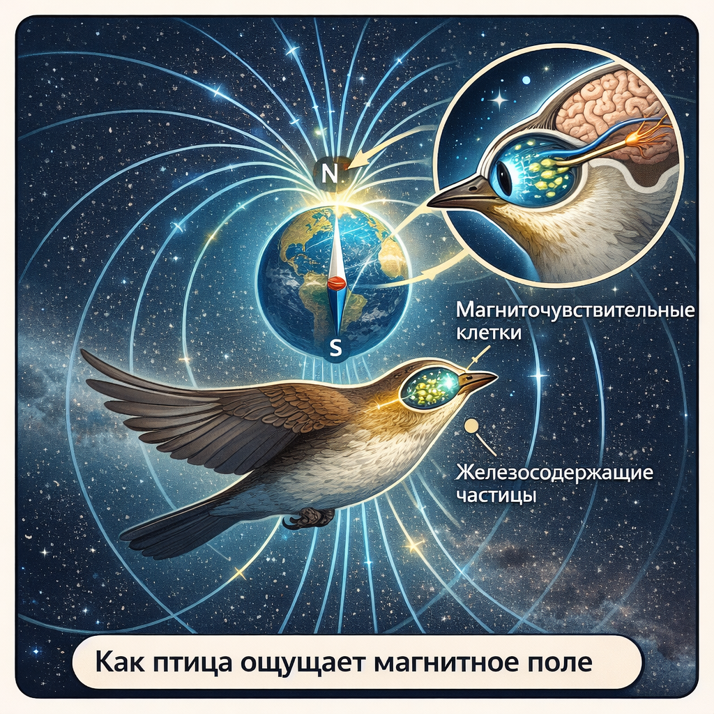 «Как птица ощущает магнитное поле — магниточувствительные клетки и железосодержащие частицы».