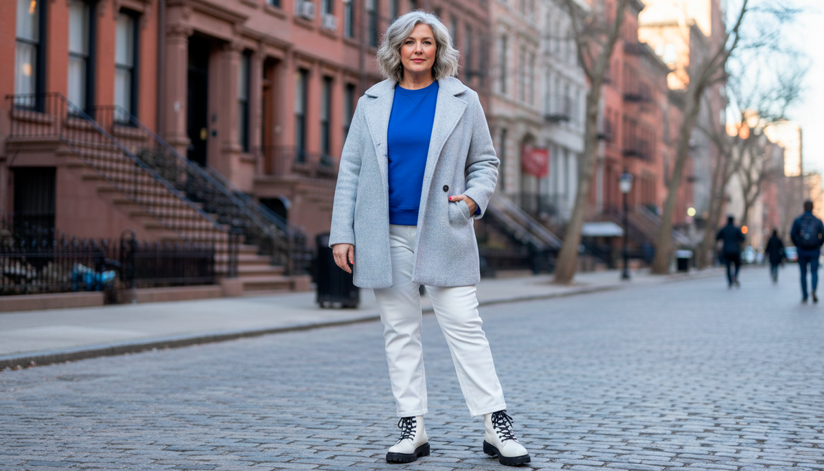 Белые брюки зимой - это смело, но именно они освежают образ и делают фигуру легче. Расстёгнутая серая куртка создаёт вертикаль, которая визуально вытягивает силуэт.