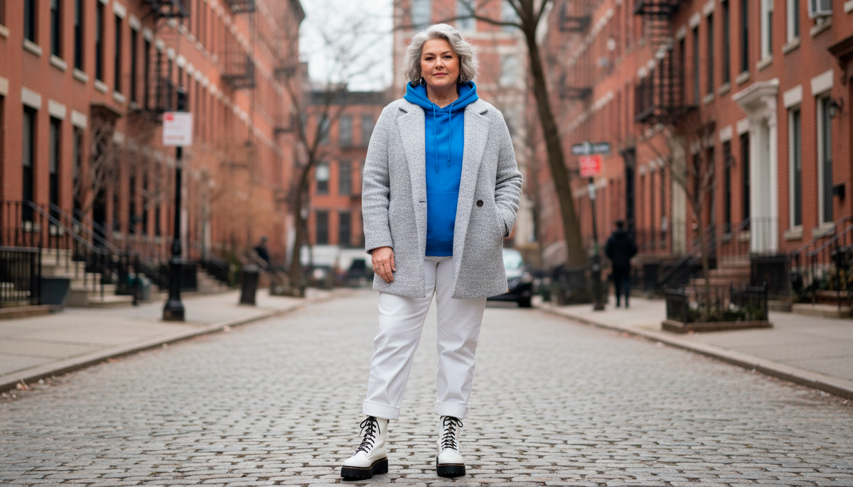 Обратите внимание на подворот брюк - он визуально облегчает низ и создаёт аккуратную линию. Голубой оттенок освежает лицо лучше, чем чёрный или серый.