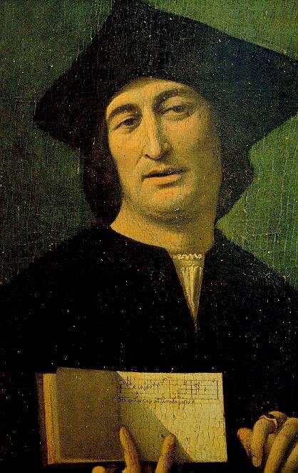 Художник Филиппо Маццола (1460–1505), «Портрет музыканта», около 1505 г. Парма, Национальная галерея. На картине изображен мужчина, держащий канон Жоскена. Возможно, на картине изображён Жоскен или Николо Бурцио.